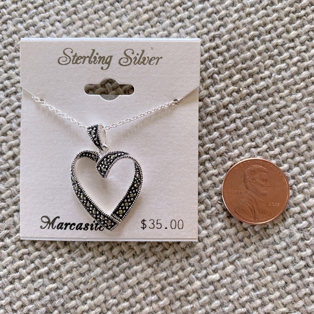 New Sterling Silver Heart Necklace Encrusted with Marcasite